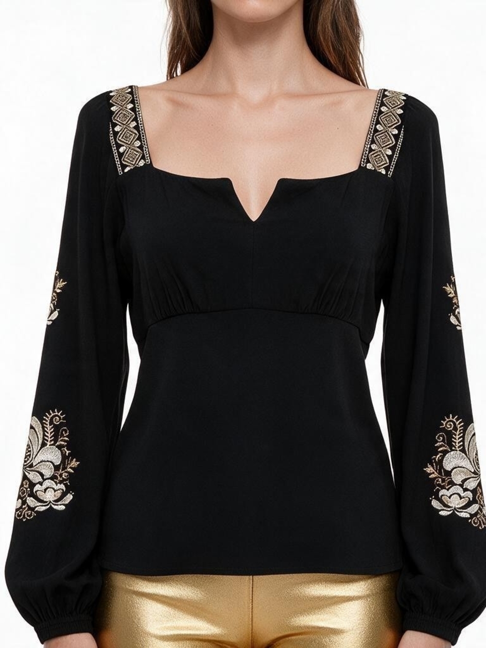 Hale Bob Deandra Embroidered Long Sleeve Blouse Black Sweetheart Neck Top Sz XL